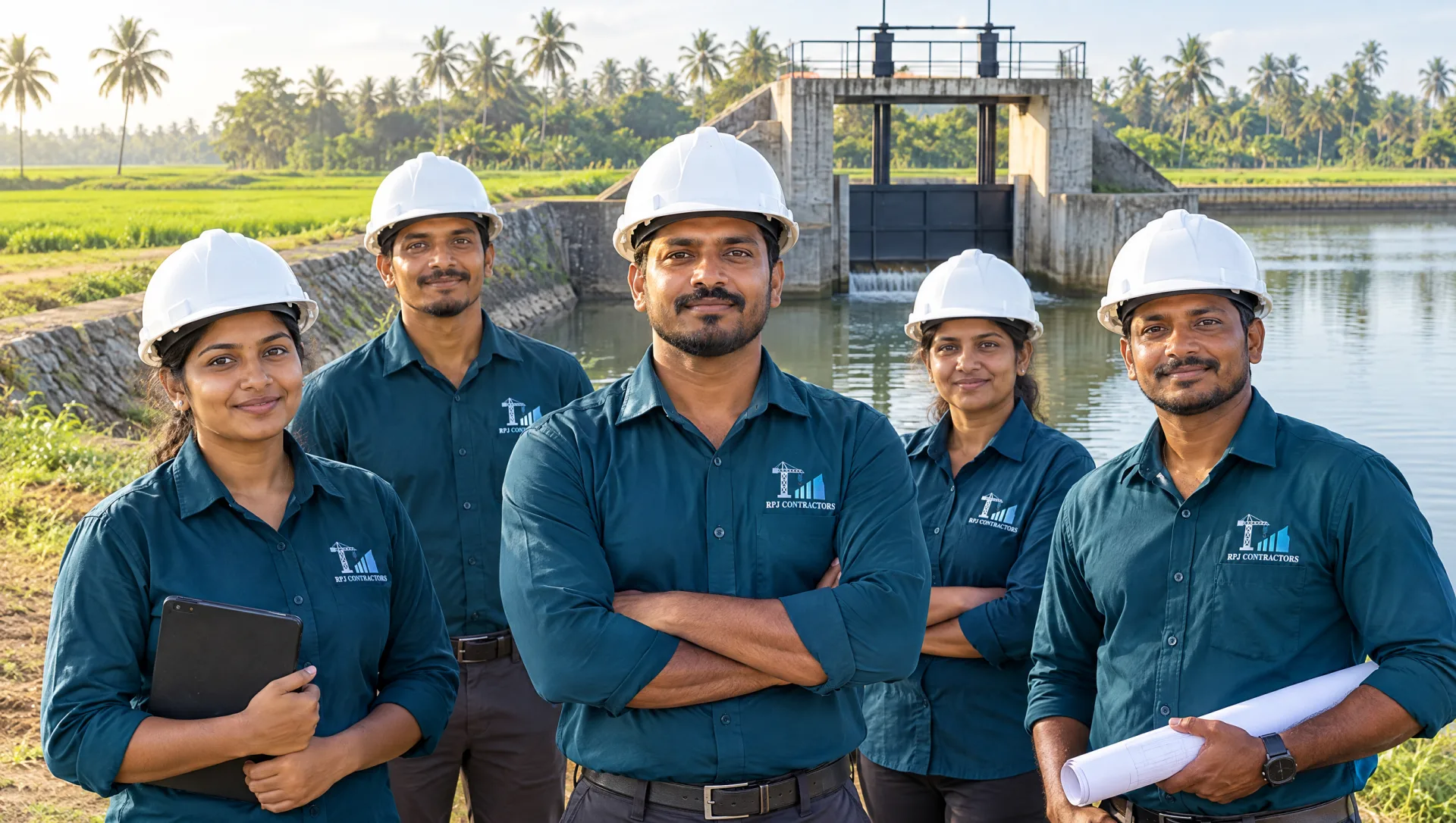 Diverse R.P.J. Contractors team in branded teal uniforms in front of a completed building and bridge