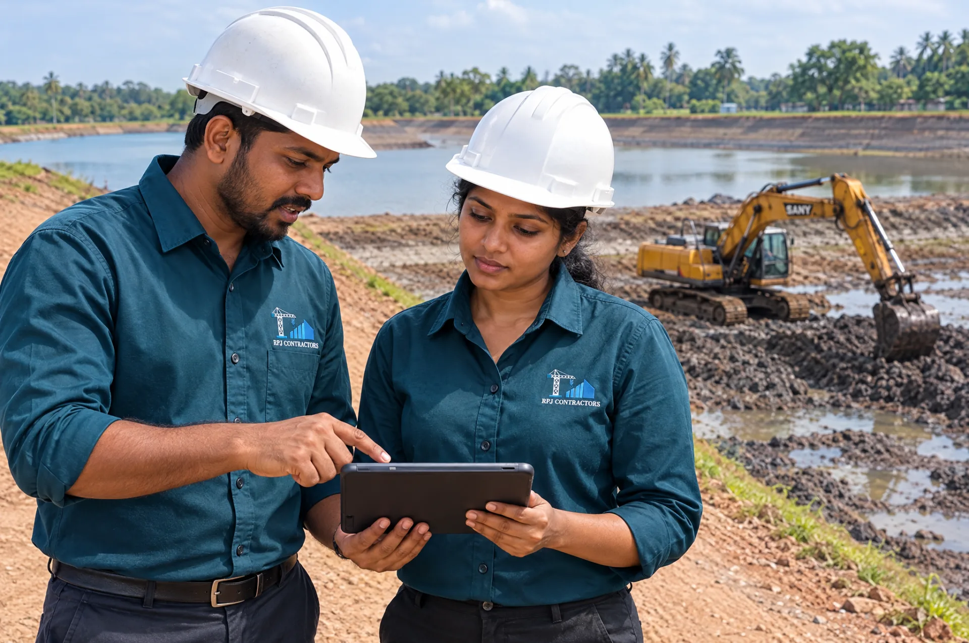 R.P.J. Contractors engineers in branded teal uniforms reviewing a site plan during the project process