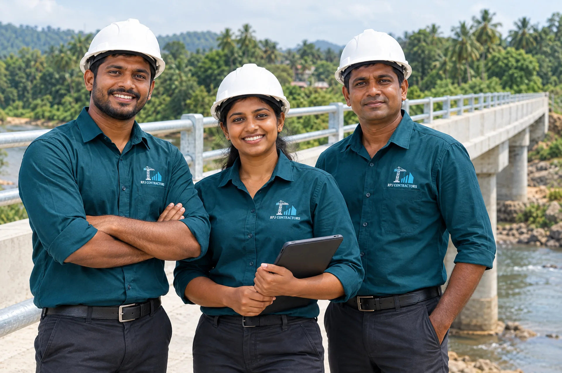 Diverse R.P.J. Contractors team in branded teal uniforms on a completed concrete bridge with safety railings