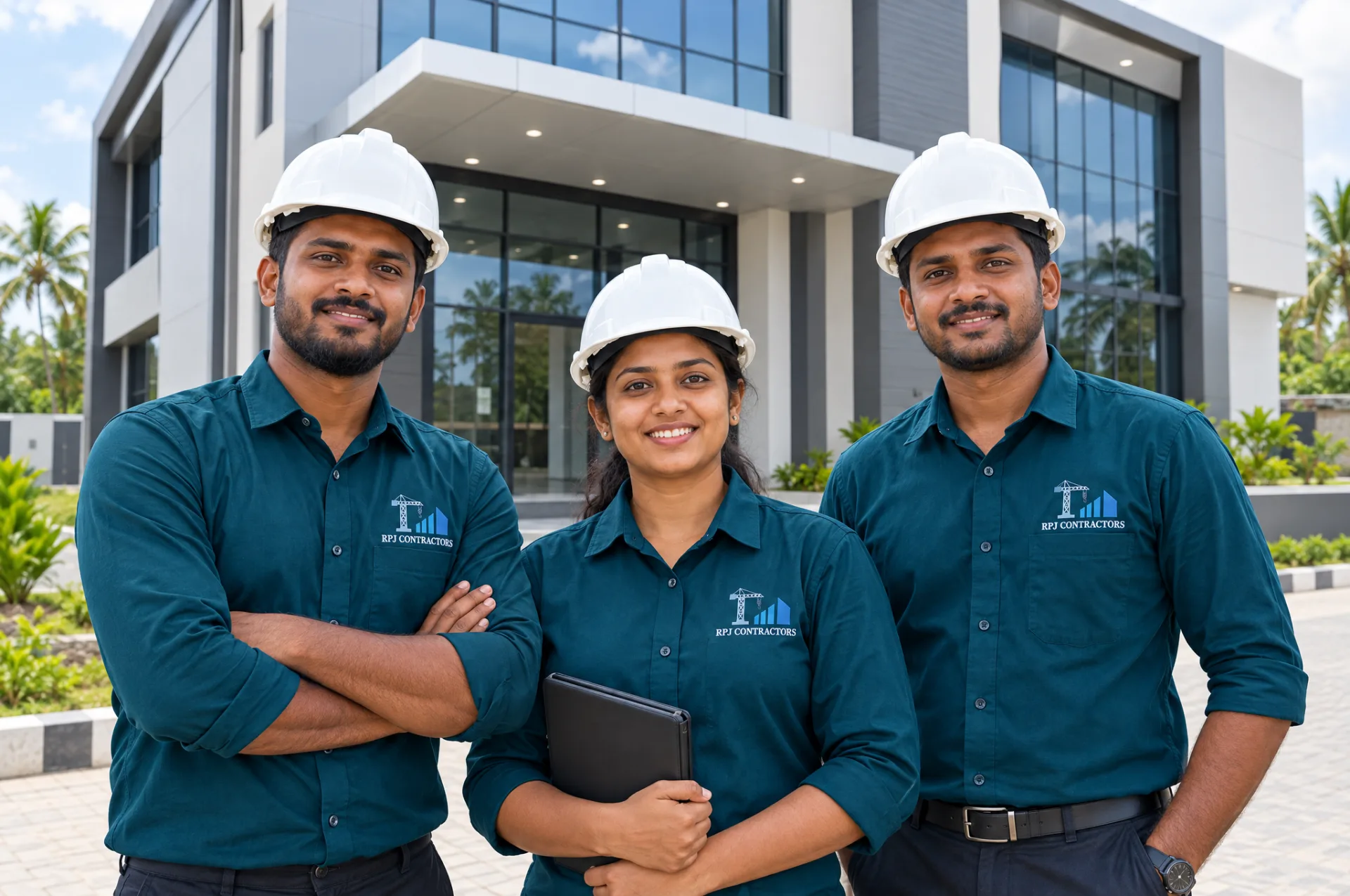 Diverse R.P.J. Contractors team in branded teal uniforms in front of a completed commercial building
