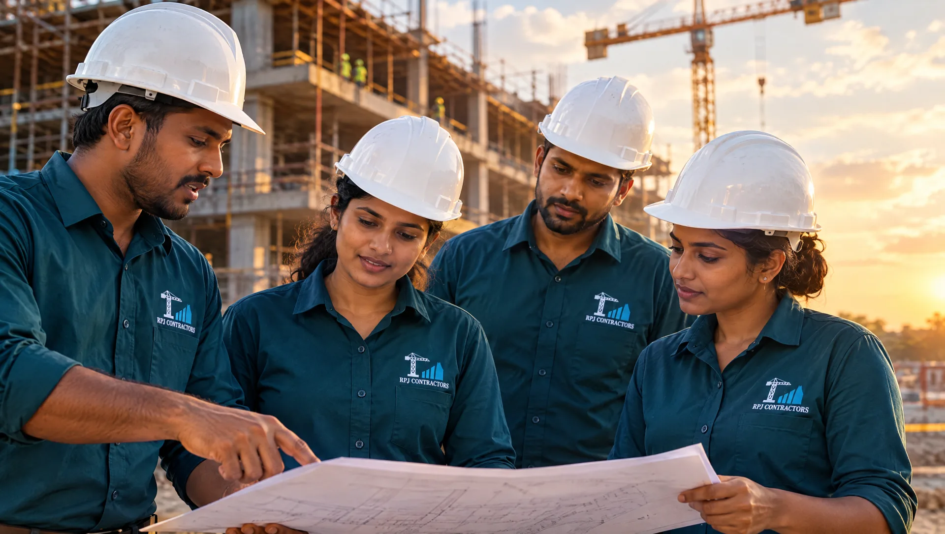 Diverse R.P.J. Contractors team in branded teal uniforms at a multi-storey building construction site