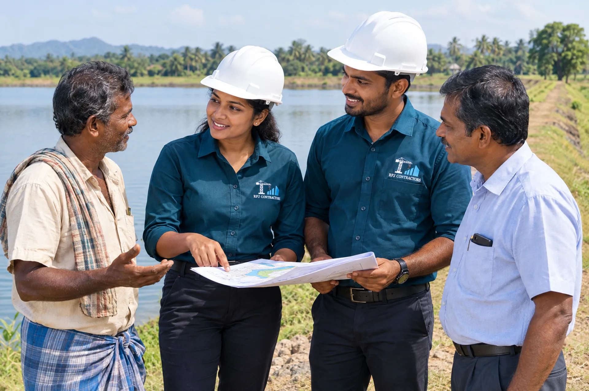 R.P.J. Contractors team members in branded teal uniforms discussing a project with a client on site