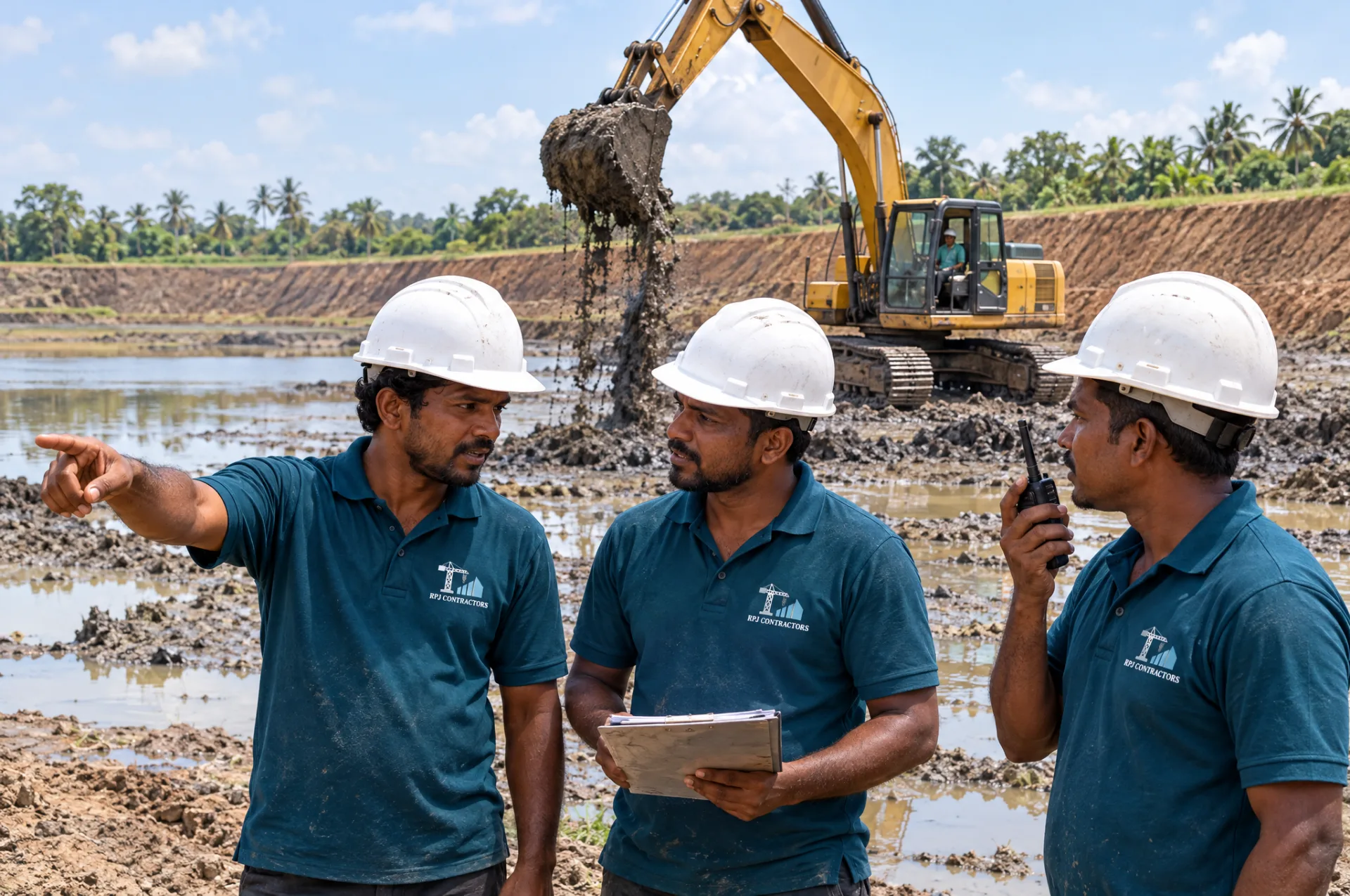 R.P.J. Contractors team in branded teal uniforms managing an active road and bridge construction project