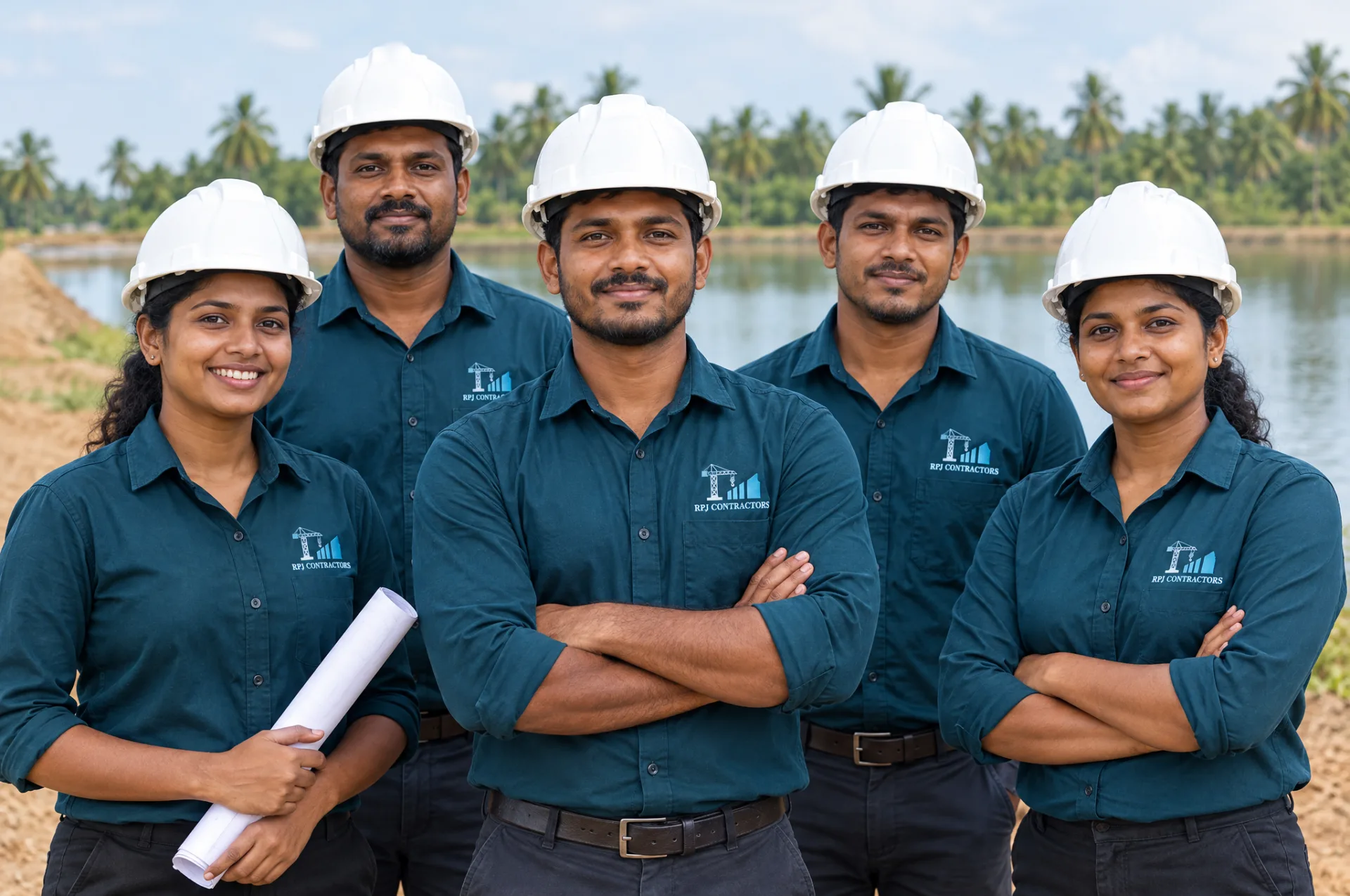 Diverse R.P.J. Contractors team portrait in branded teal uniforms on a construction site, showing quality safety and trust