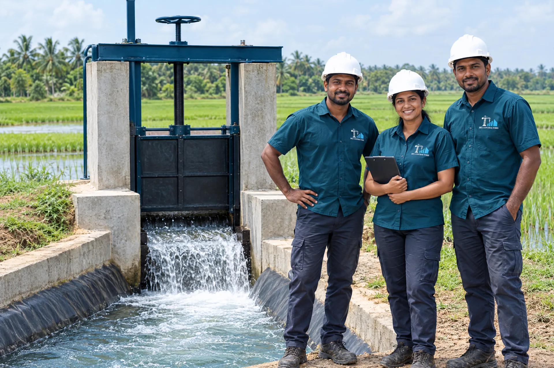 Diverse R.P.J. Contractors team in branded teal uniforms beside a completed irrigation sluice and lined channel feeding paddy fields