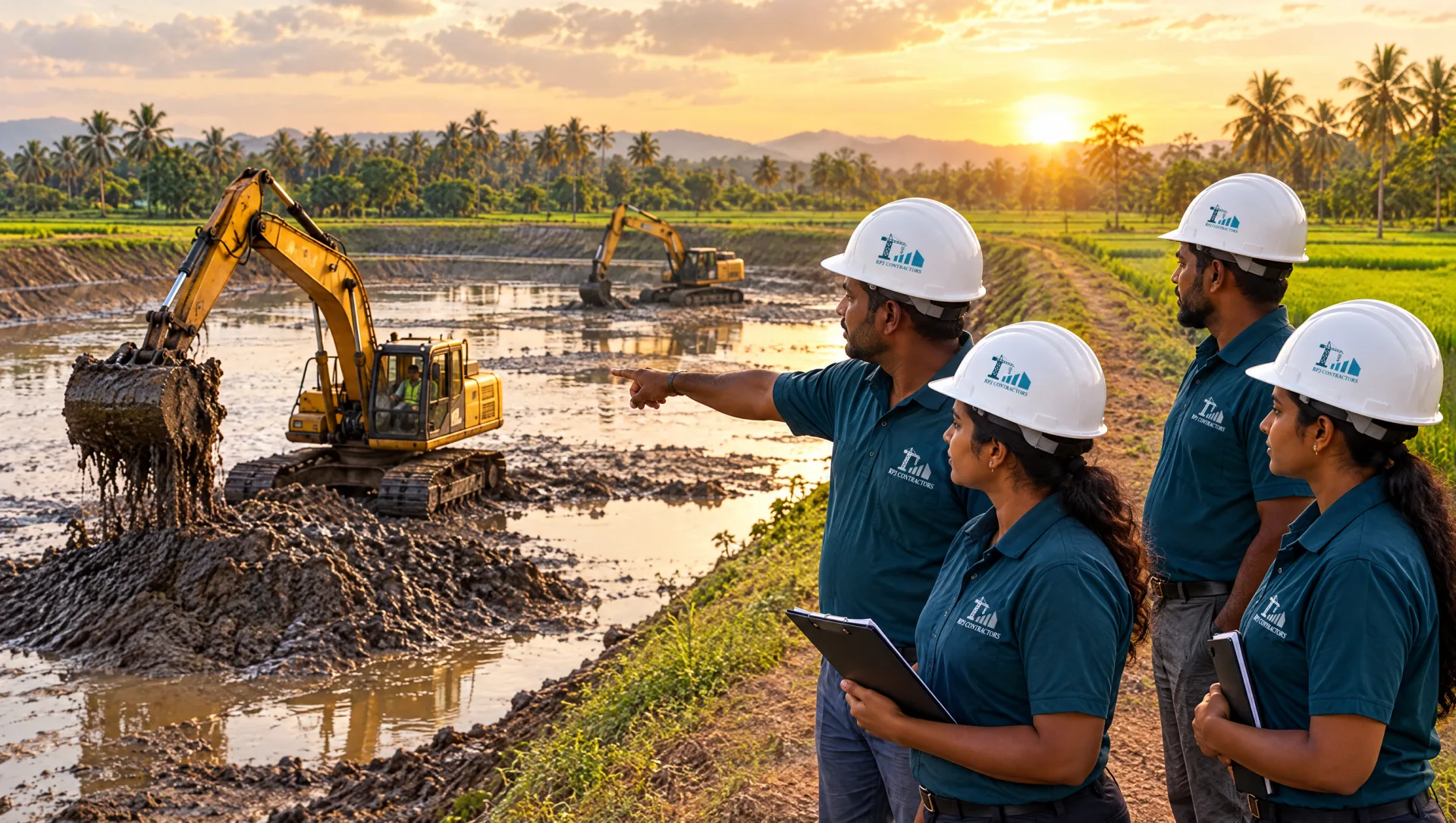 Diverse R.P.J. Contractors team in branded teal uniforms overseeing a newly lined irrigation canal through farmland