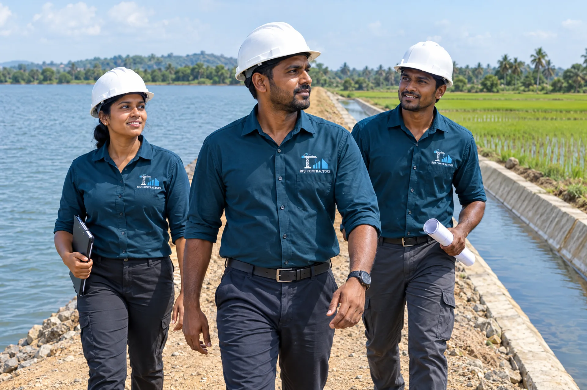 R.P.J. Contractors team in branded teal uniforms across a completed irrigation channel and new road site