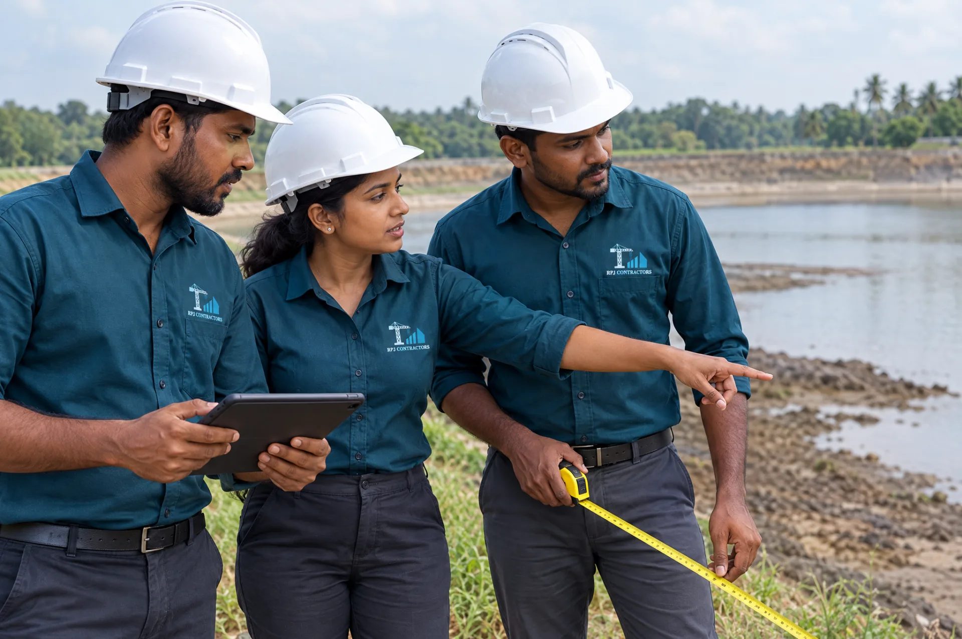 Diverse R.P.J. Contractors team in branded teal uniforms carrying out a site assessment before quoting