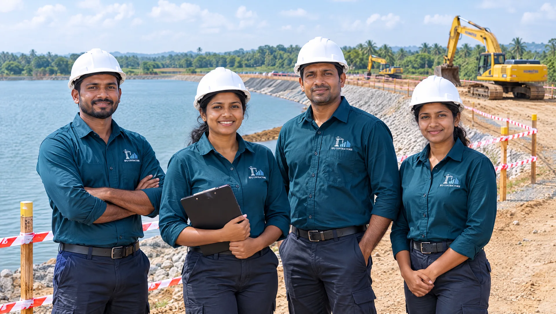 Diverse R.P.J. Contractors team in branded teal uniforms on a well managed construction site, showing a professional registered contractor