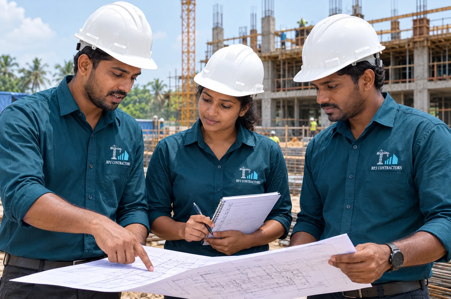 R.P.J. Contractors engineers in branded teal uniforms reviewing drawings, showing capability across disciplines