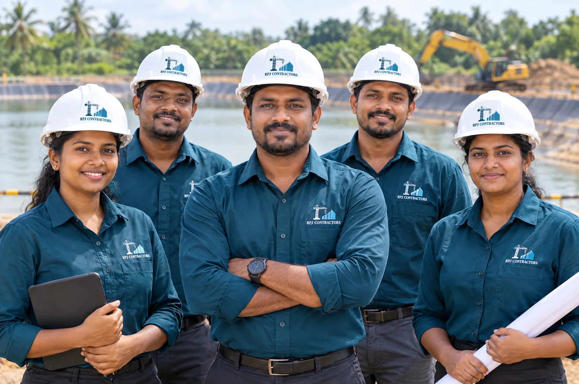 Diverse R.P.J. Contractors team portrait in branded teal uniforms, conveying trust and accountability