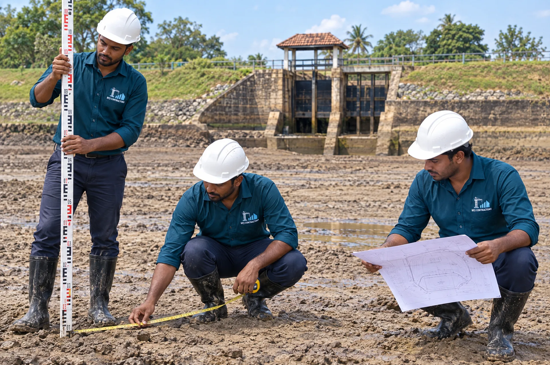 R.P.J. Contractors team in branded teal uniforms assessing a construction site before quoting