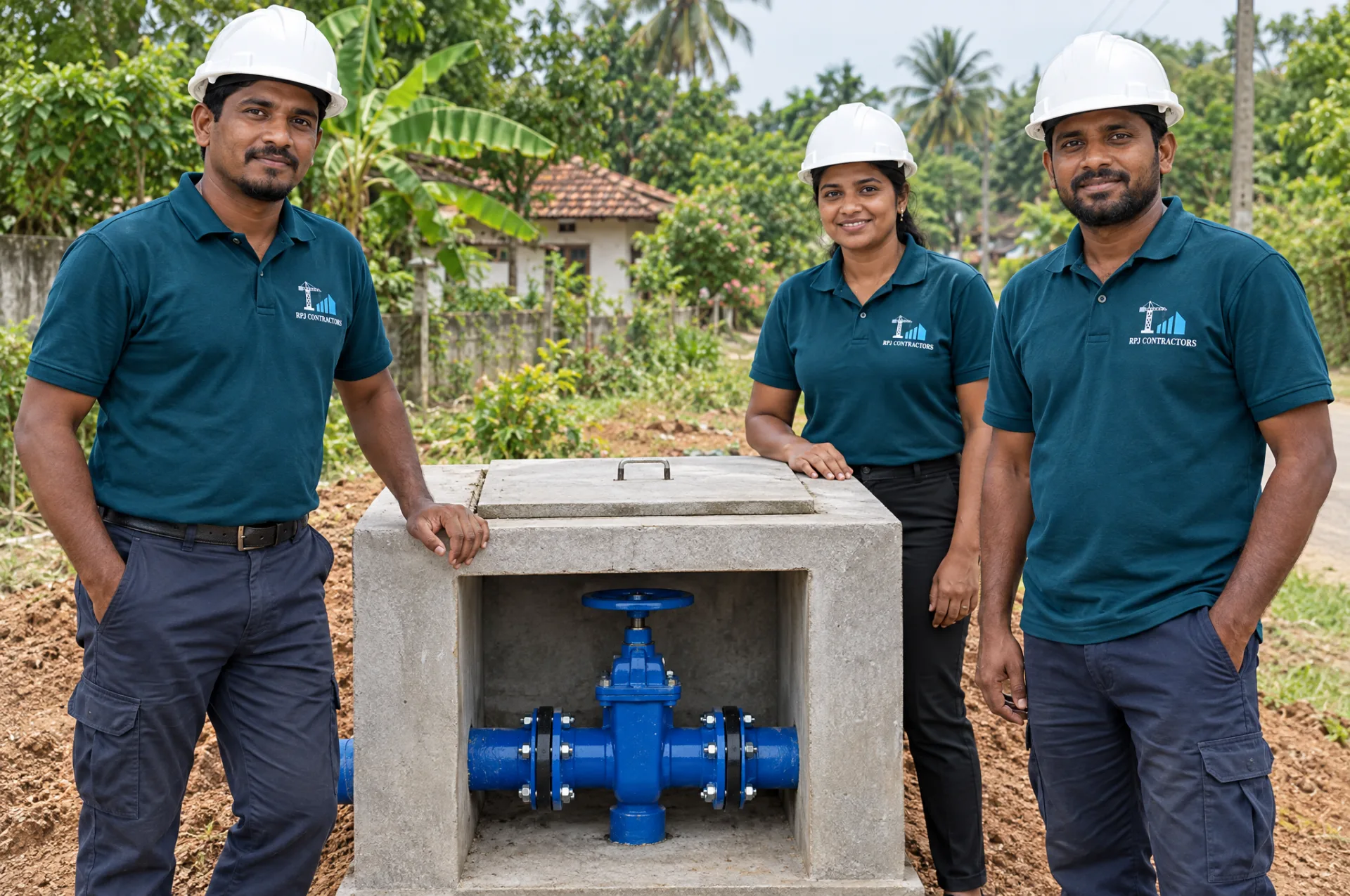 Diverse R.P.J. Contractors team in branded teal uniforms beside a completed water supply chamber and valve assembly