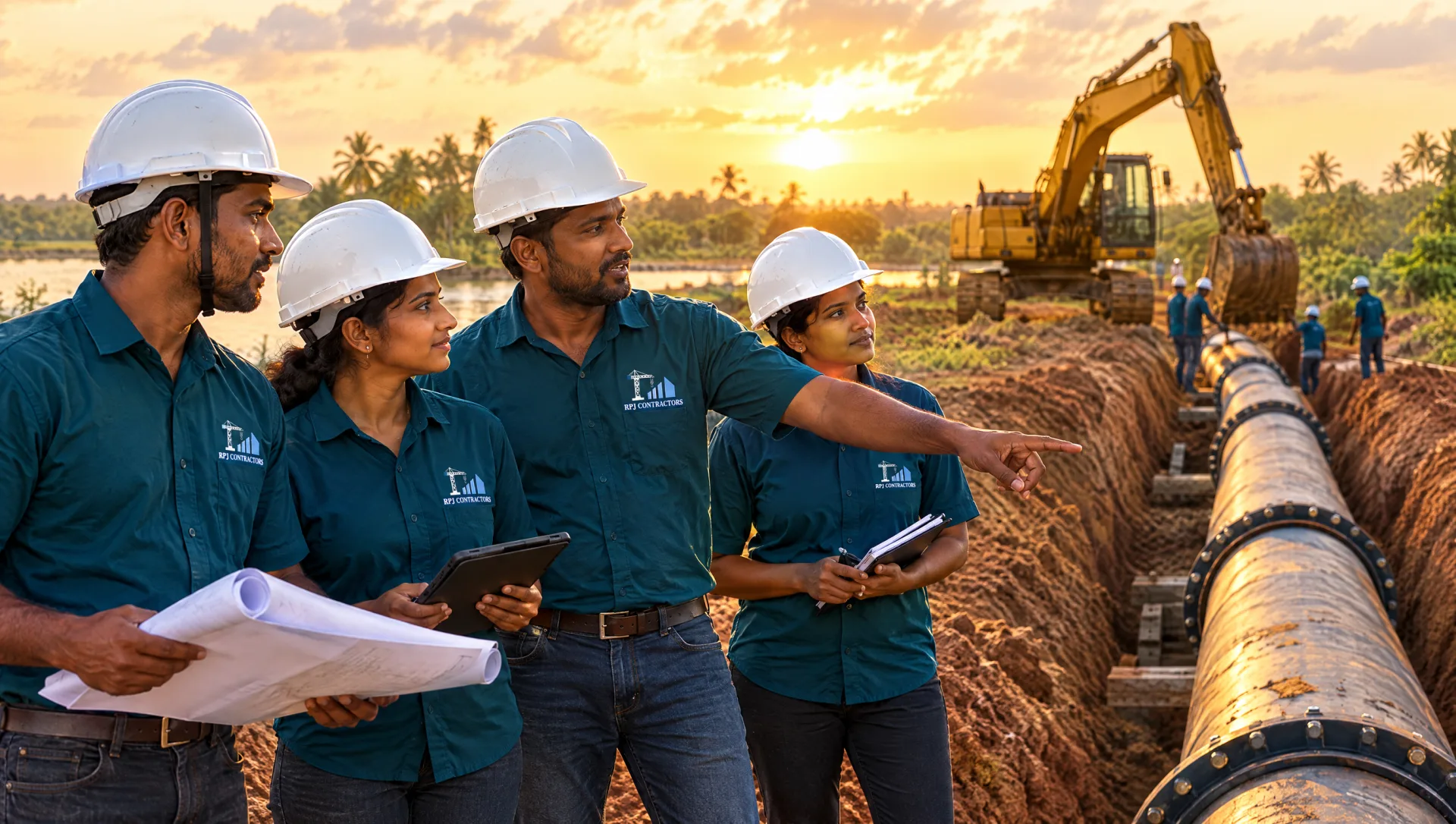 Diverse R.P.J. Contractors team in branded teal uniforms overseeing a water supply pipeline being laid in a trench