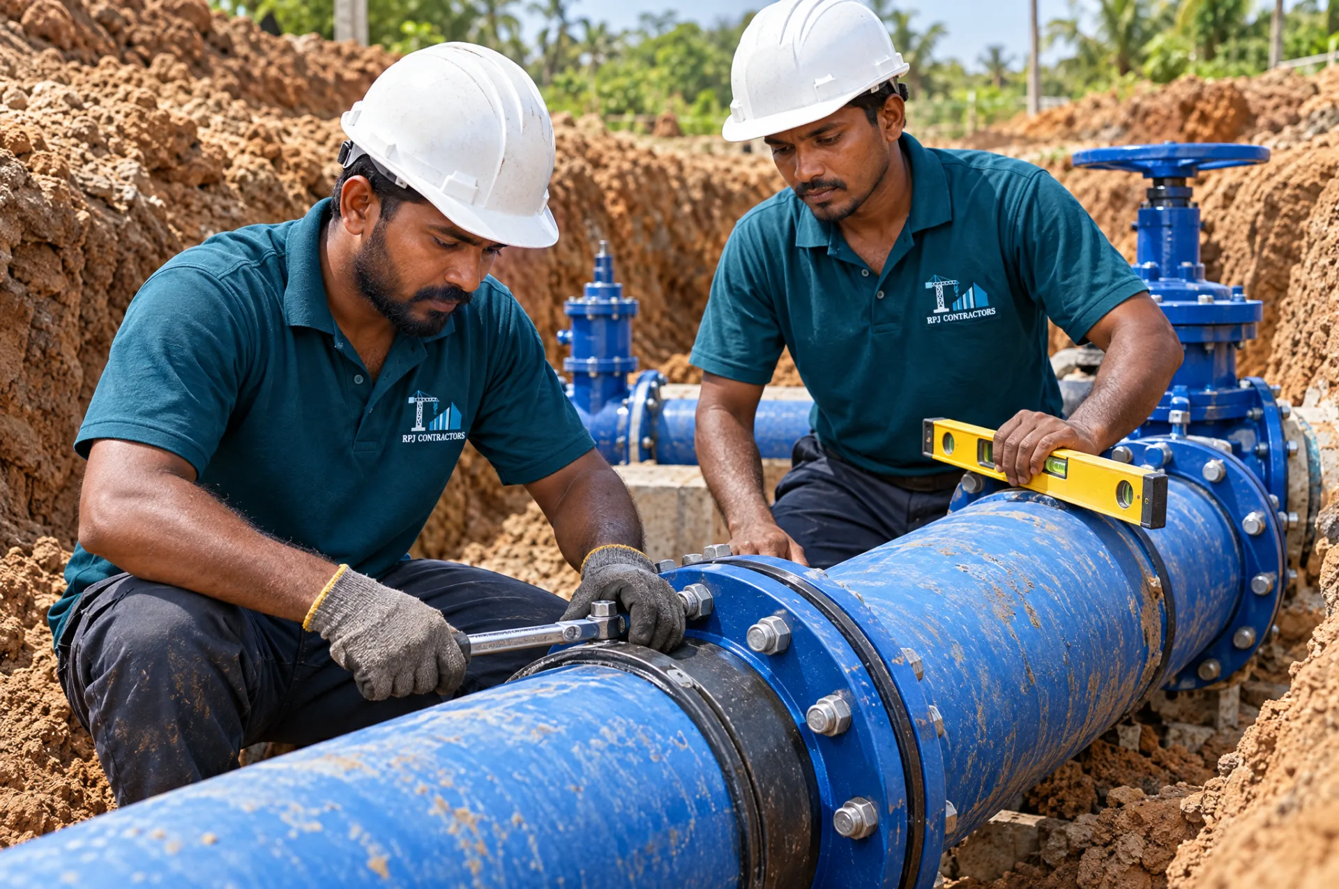 R.P.J. Contractors workers in branded teal uniforms jointing a large water pipe in a trench